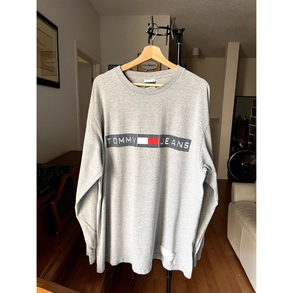 VINTAGE HILFIGER TOMMY JEANS MENS GREY LONG SLEEVE T SHIRT SIZE XL 90S Y2K HYPE - Picture 2 of 5